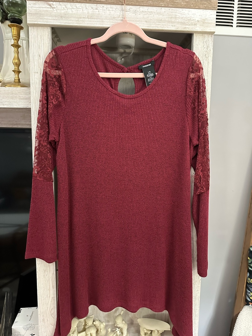 Premise Burgundy Lace-Trim Ribbed Long Sleeve Dress